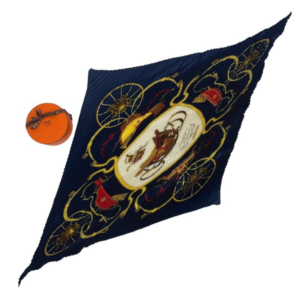 Hermes Scarf Pleated Silk Springs Spring Carriage Navy